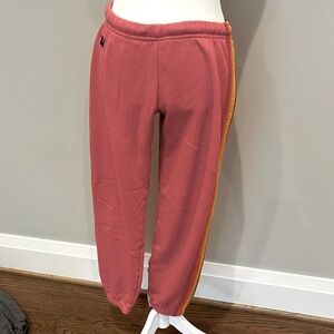 Aviator Nation 5 Stripe Sweatpants - pink with rainbow stripes, size Medium